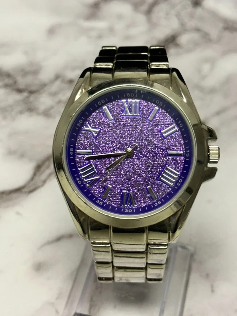 Accutime Watch Women Silver Tone Purple Glittered Dial New Battery 8 Inch
